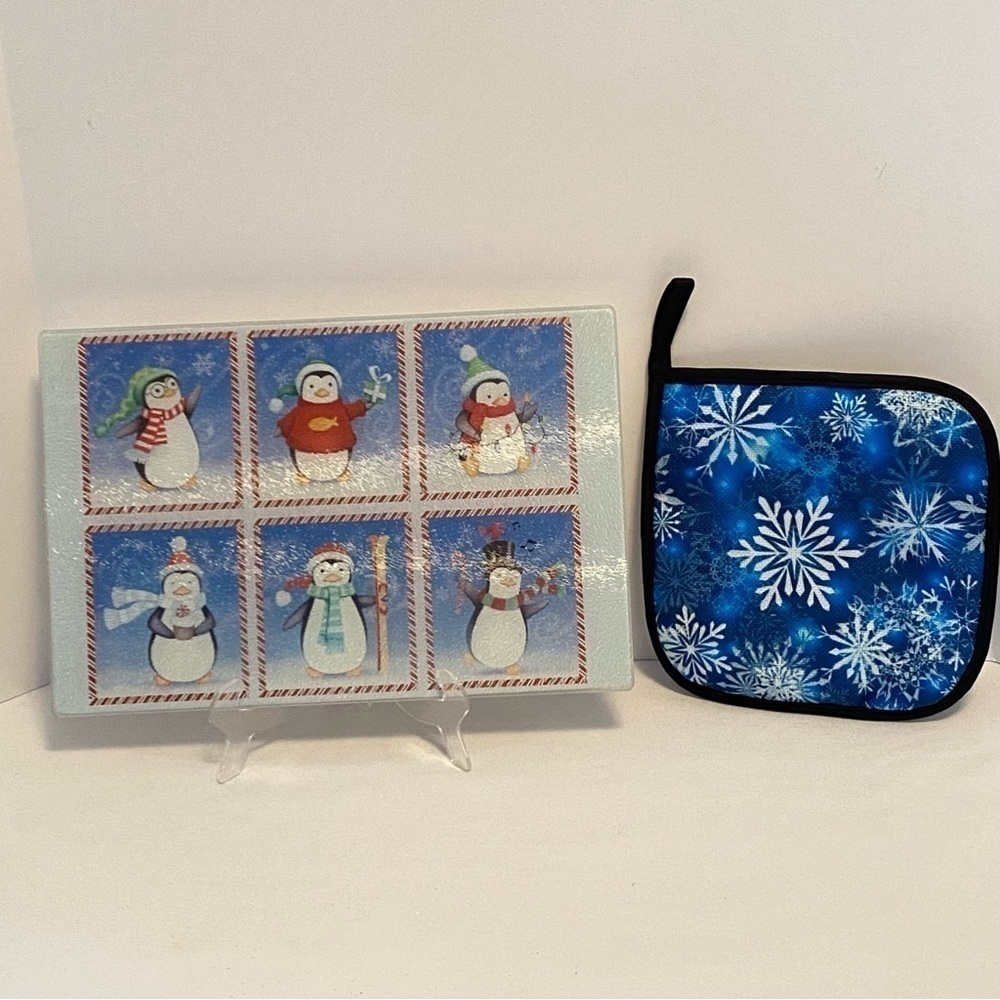 Christmas Penguin Glass Cutting Board & Snowflake Potholder Set New Without Tags